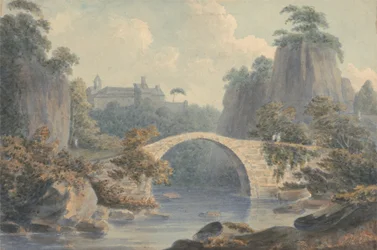Paysage fluvial avec un pont à arche unique
